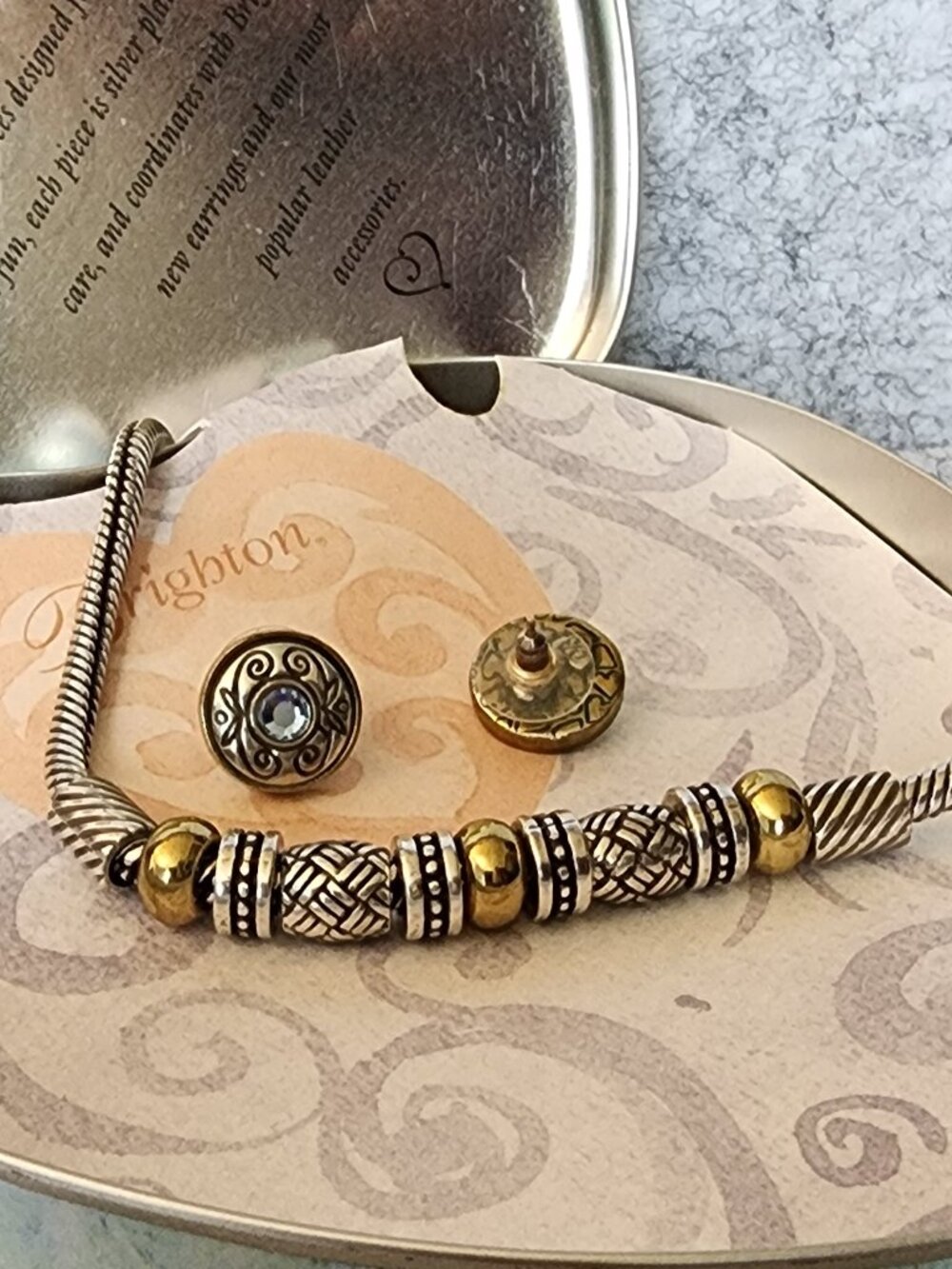 Brighton Travis Two Tone Beaded Necklace & Blue Stud Earrings With Tin